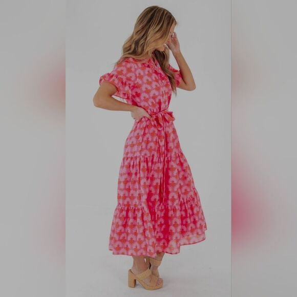 J.Marie Floral Ruffled Tiered Midi Belted Dress Resort Wear Vacation Prairie M - Picture 3 of 9